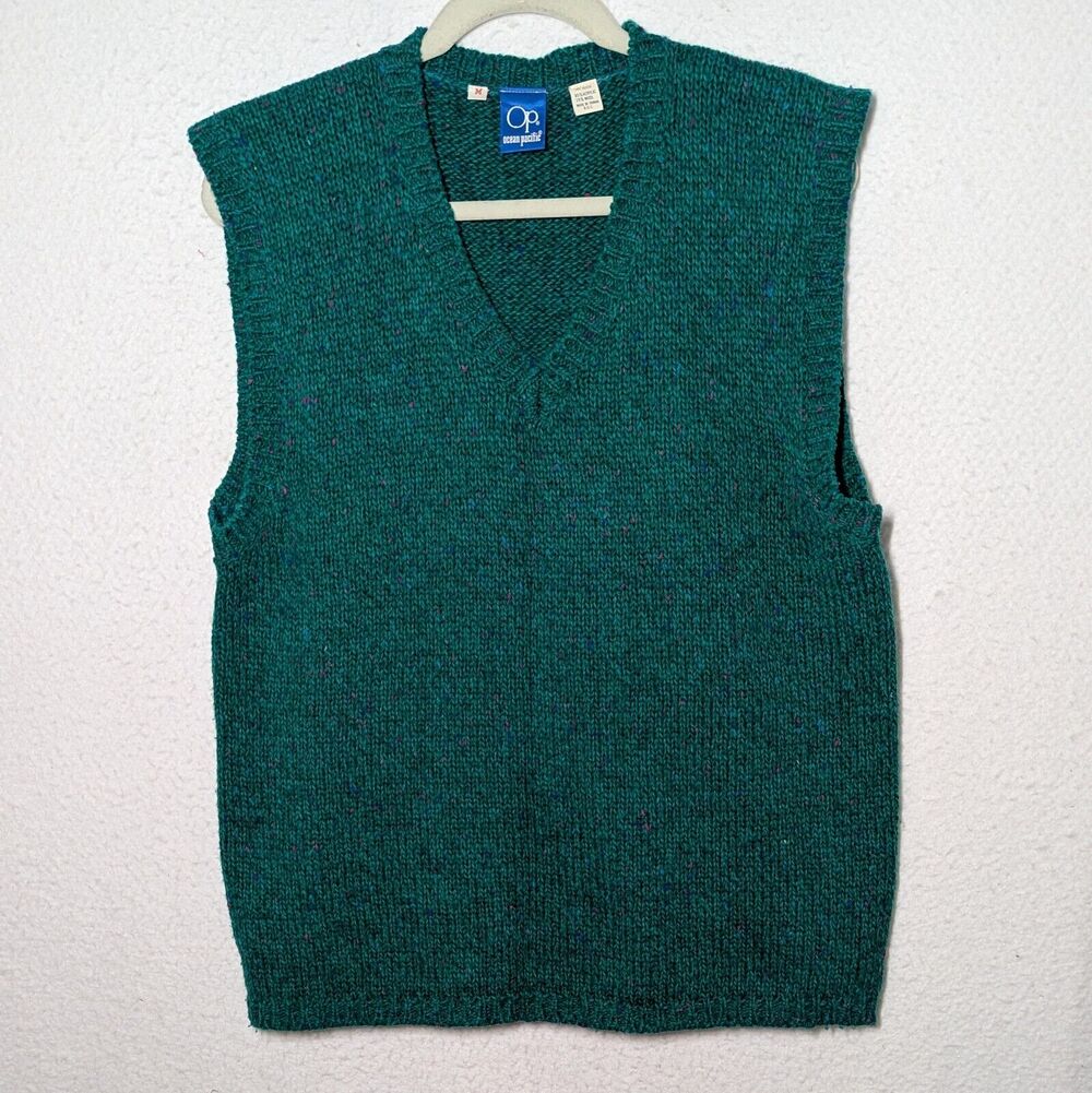 Vtg OP Ocean Pacific Sweater Vest Men Sz Medium Green V-Neck Acrylic Wool Preppy